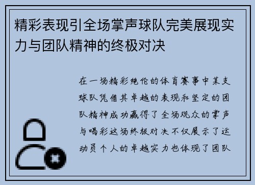 精彩表现引全场掌声球队完美展现实力与团队精神的终极对决