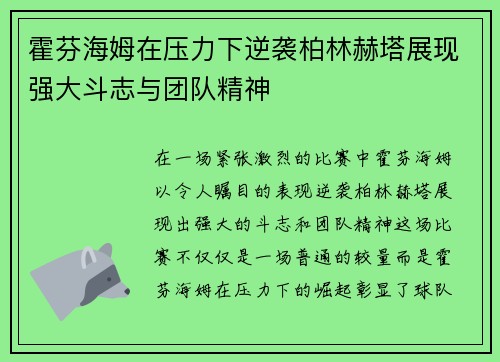 霍芬海姆在压力下逆袭柏林赫塔展现强大斗志与团队精神