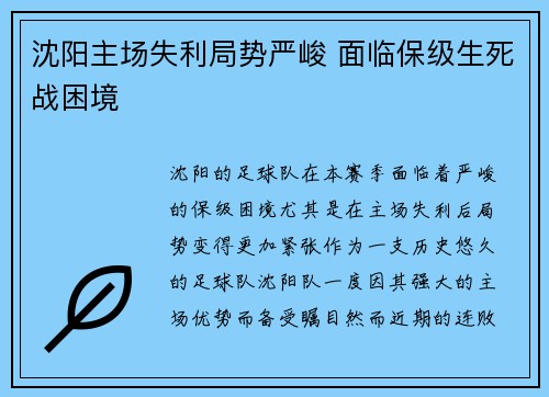 沈阳主场失利局势严峻 面临保级生死战困境