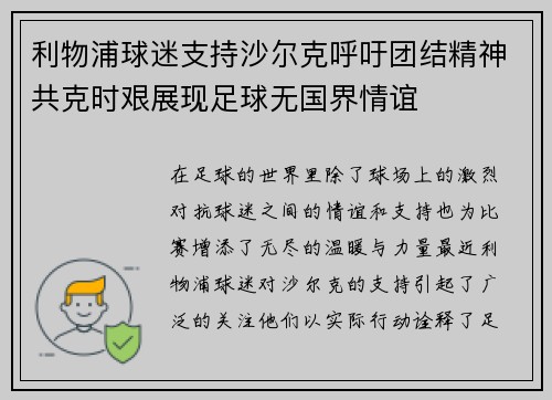 利物浦球迷支持沙尔克呼吁团结精神共克时艰展现足球无国界情谊