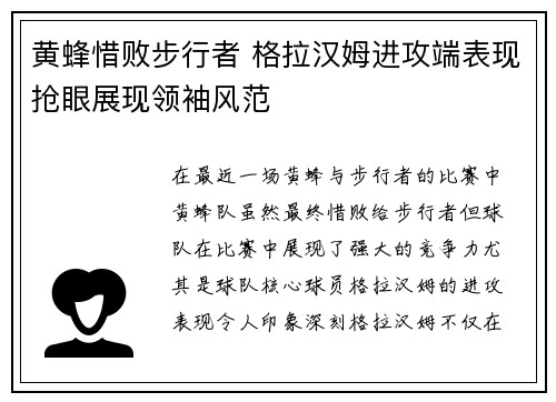 黄蜂惜败步行者 格拉汉姆进攻端表现抢眼展现领袖风范