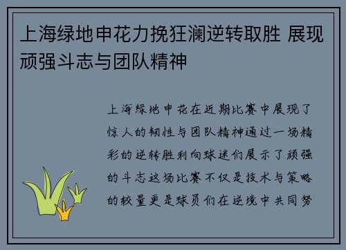 上海绿地申花力挽狂澜逆转取胜 展现顽强斗志与团队精神