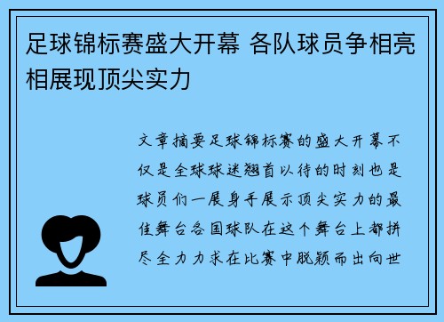 足球锦标赛盛大开幕 各队球员争相亮相展现顶尖实力
