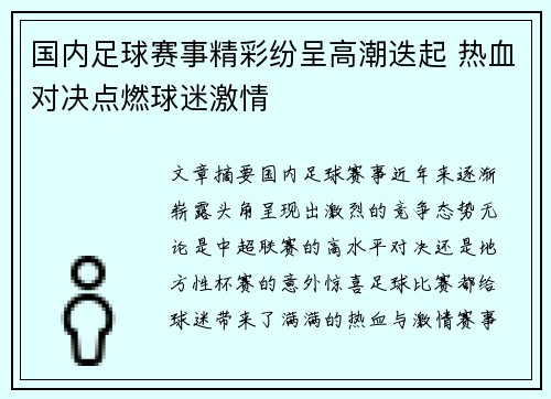 国内足球赛事精彩纷呈高潮迭起 热血对决点燃球迷激情