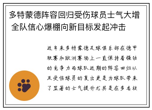 多特蒙德阵容回归受伤球员士气大增 全队信心爆棚向新目标发起冲击