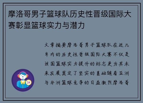 摩洛哥男子篮球队历史性晋级国际大赛彰显篮球实力与潜力
