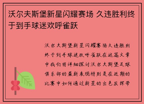 沃尔夫斯堡新星闪耀赛场 久违胜利终于到手球迷欢呼雀跃