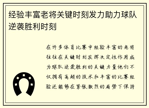 经验丰富老将关键时刻发力助力球队逆袭胜利时刻