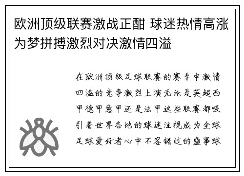 欧洲顶级联赛激战正酣 球迷热情高涨为梦拼搏激烈对决激情四溢