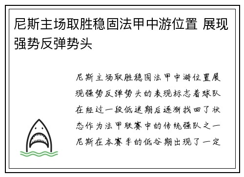 尼斯主场取胜稳固法甲中游位置 展现强势反弹势头