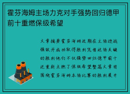霍芬海姆主场力克对手强势回归德甲前十重燃保级希望